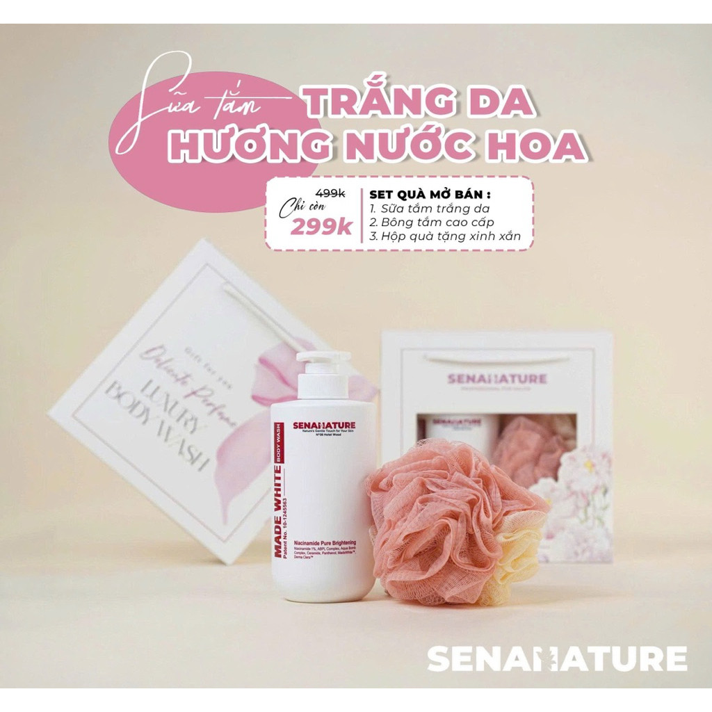 (Set quà tặng) Sữa tắm trắng da senanature made white body wash 500ml - hạn 2028 HQ sữa tắm trắng da