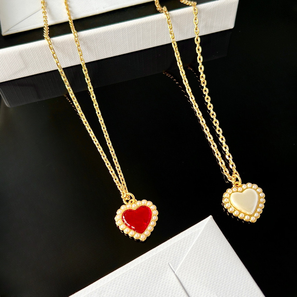 Spot Goods#New Heart Red and White Inlaid Pearl Heart Necklace Fashionable Light Luxury High-end Nec