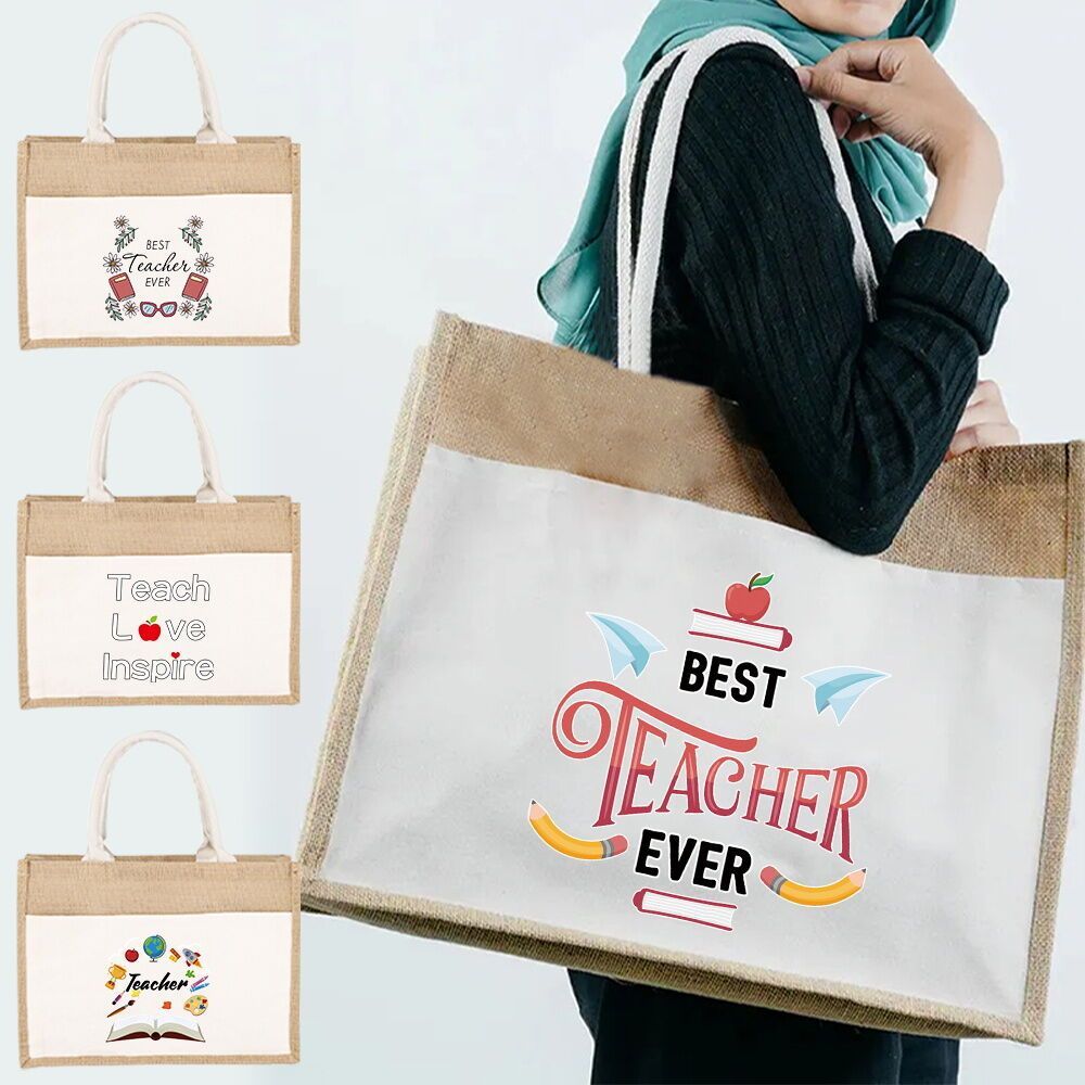 Tote bag Big Jute Tote Bag Shopping Grocery Bag with Handle Eco Bag Sling Bag Teacher's Day Gift