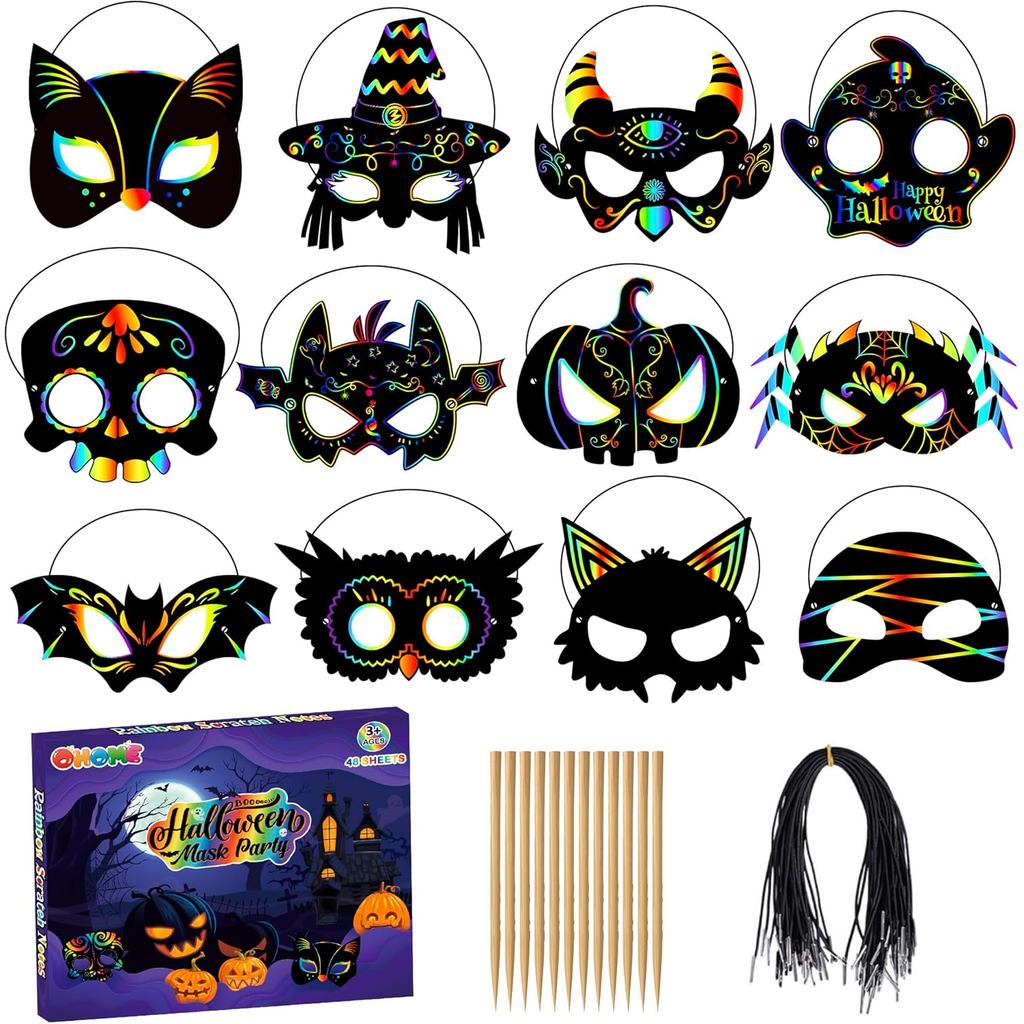 Trò chơi Halloween OHOME - Mặt nạ cào cầu vồng 24 chiếc | Trẻ em Đồ thủ công Halloween Đồ chơi Quà t