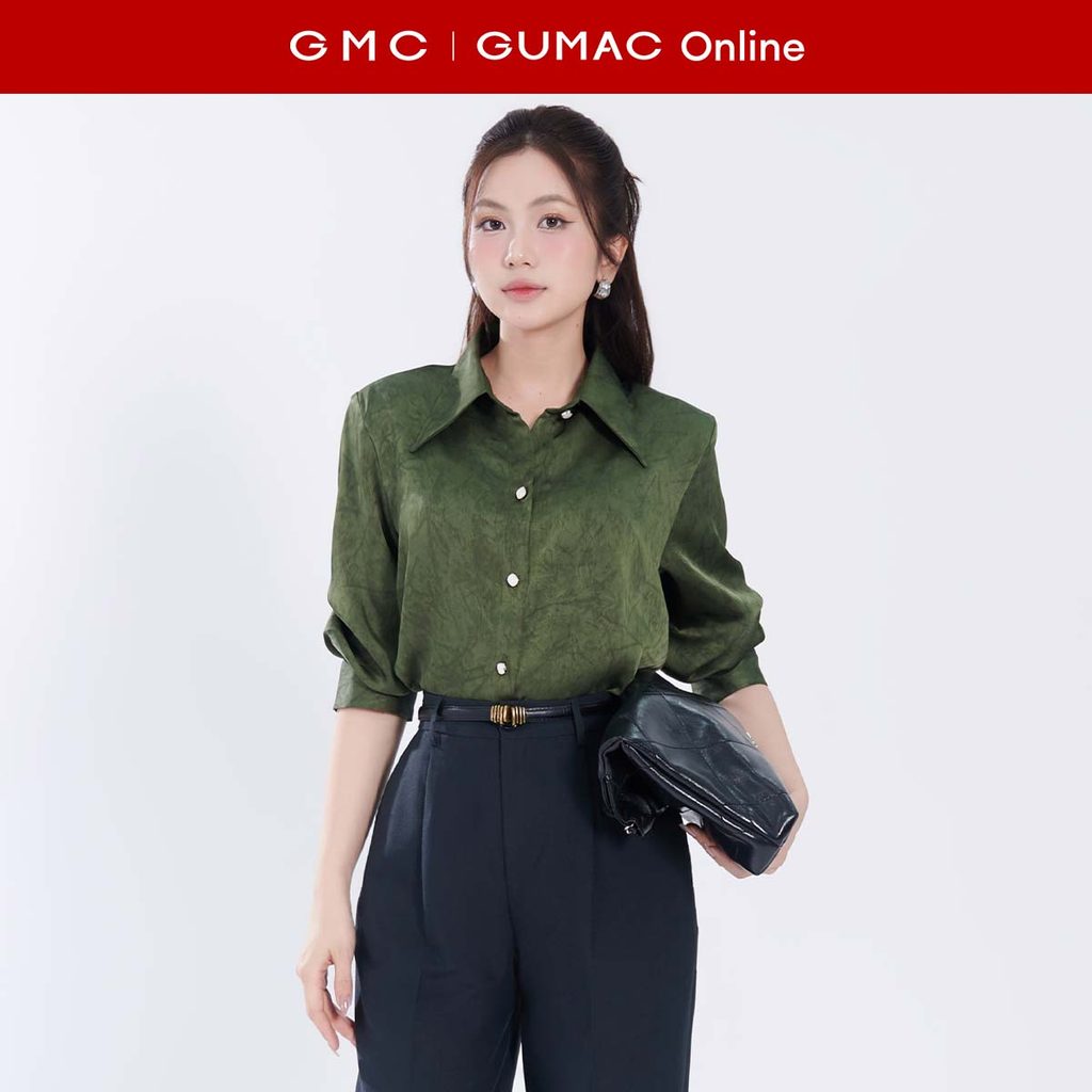 Áo sơ mi nữ lụa vân cao cấp form rộng màu xanh lá - be tay mổ trụ xếp 2 ly phồng nhẹ thời trang GUMA