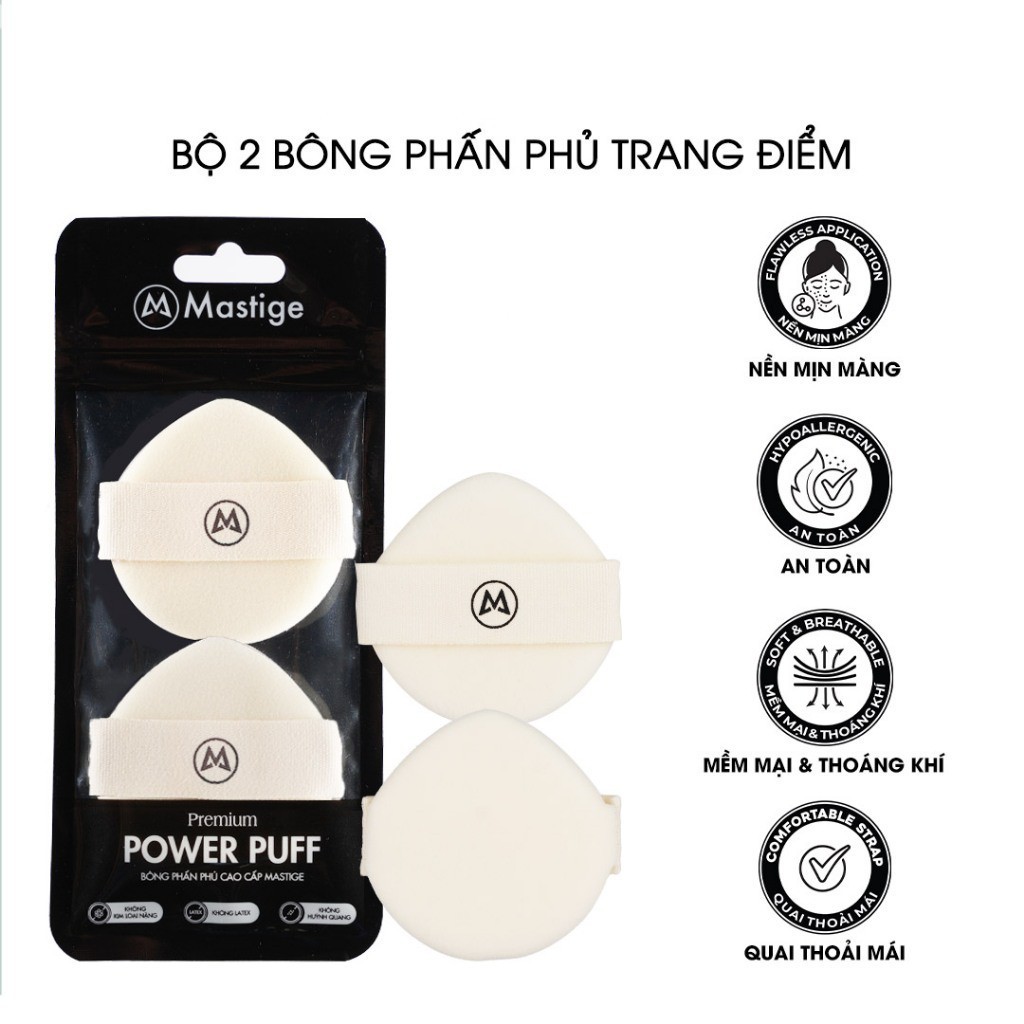 Bộ 2 Bông Phấn Phủ Trang Điểm Mastige Mỏng Mịn Tán Phấn Đều Premium Power Puff  Sản Phẩm Chính Hãng