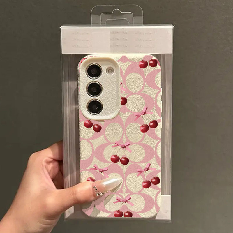 Ốp điện thoại chống bụi họa tiết da màu hồng Cherry Coach cho Galaxy S25 S24 S23 Ultra S24 S23 Plus 