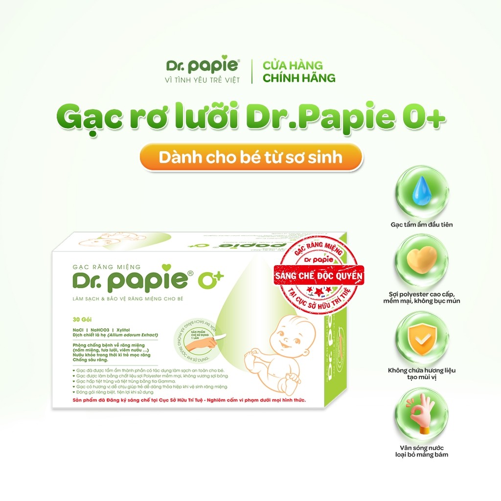 Gạc rơ lưỡi Dr.Papie 0+ tiêu chuẩn 5 sao, làm sạch răng lưỡi nướu khoang miệng, an toàn cho bé sơ sinh