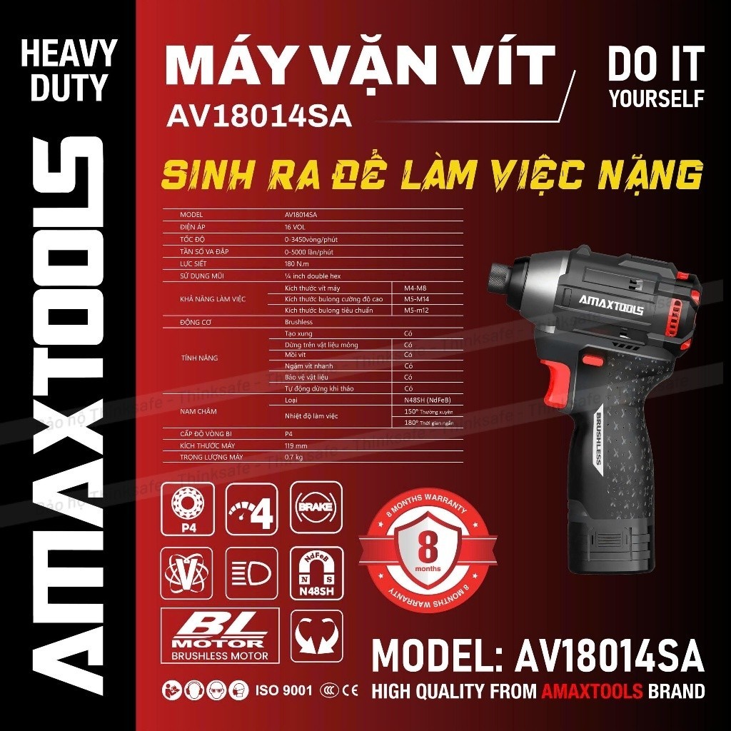 Máy chuyên vít có búa dùng pin 16V Amaxtools AV18014SA lực siết 180Nm, động cơ không chổi than siết 