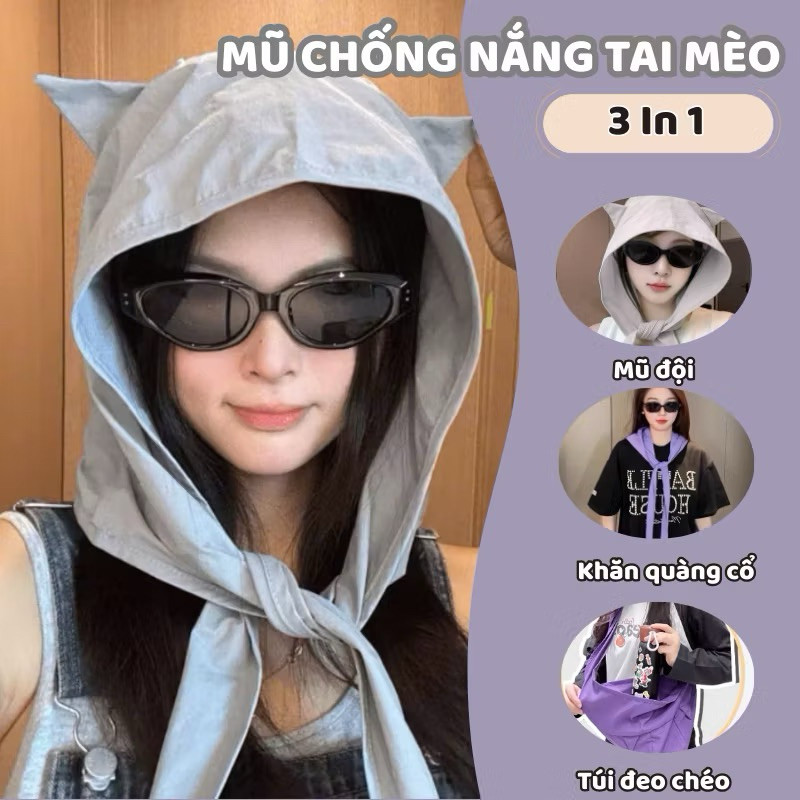 Mũ Trùm Đầu Tai Mèo Mũ Chống Nắng Thoáng Khí Khăn Trùm Đầu Đi Biển, Đi Chơi