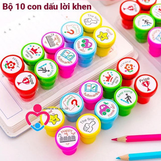 Bộ 10 Con Dấu Lời Khen Tiếng Anh Có Sẵn Mực - Dấu Sticker Khen Thưởng Giáo Cụ Dạy Học TAALO STORE