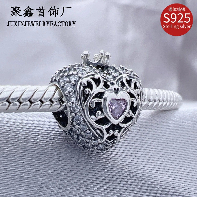 Beads S925Pure Silver Pink Diamond Crown Heart-Shaped Zircon Beads diy Couple's accessory gift penda