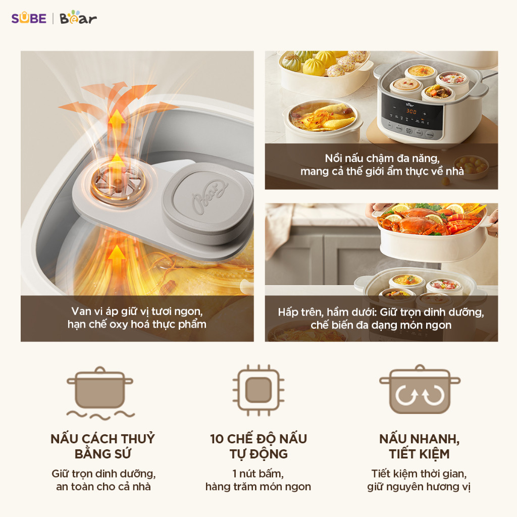Nồi Nấu Cháo Chậm BEAR 2.5L Có Xửng Hấp 8 Chế Độ Nấu Hầm Hấp Nấu Chậm Cho Bé Giữ Trọn Dinh Dưỡng SC-