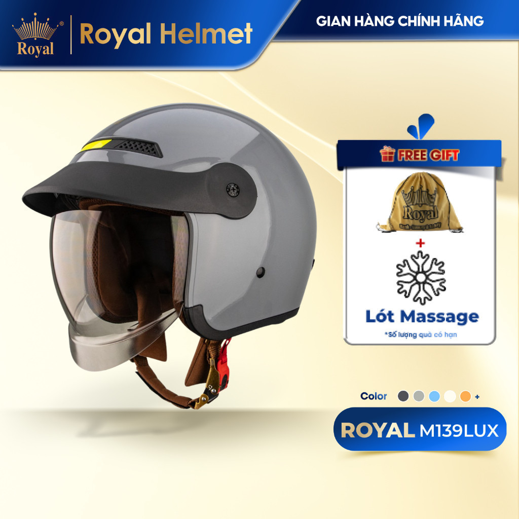 Mũ Bảo Hiểm 3/4 Royal M139 LUX Lưỡi Trai,   Kính Âm Màu Trà Chống Nắng Bảo Hành 1 Năm