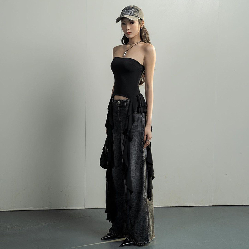 Nữ Crop Top Y2K Asymmetrical Ruffle Fringe -Style Grunge Fairycore Party Wear