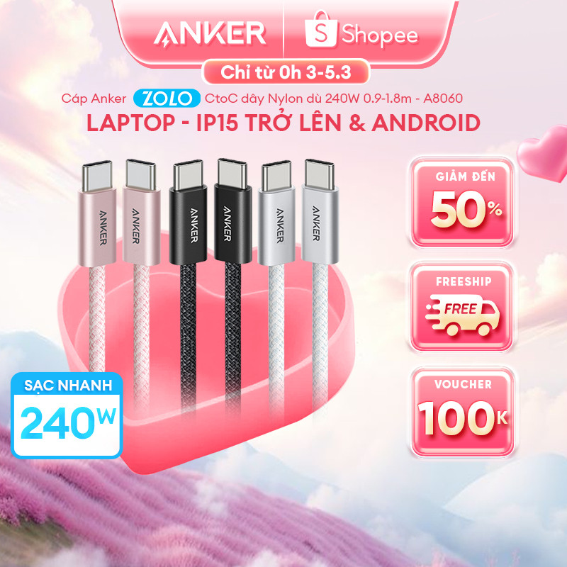 Cáp USB-C Anker Zolo 240W — Chip đánh dấu điện tử, sạc nhanh cho iPhone, Android & Laptop — A8060
