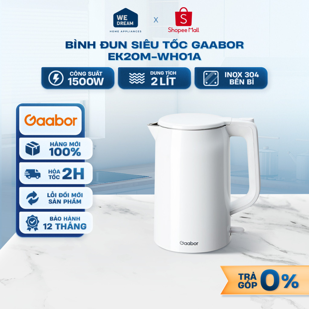 EK20M-WH01A - Bình Đun Siêu Tốc Gaabor 2 Lít EK20M-WH01A 1500W - Hàng Chính Hãng, Mới 100%