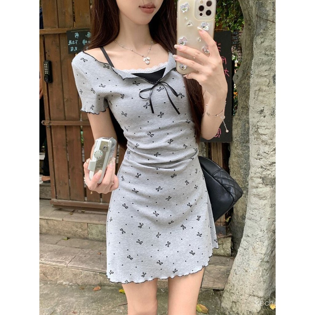 Bán Chạy Giả Hai Mảnh Nơ In Hình Ngắn Tay Đầm Nữ Tính Khí Mùa Hè Ren Hẹp Mỏng Hơn Nhìn Chữ A Váy Dài