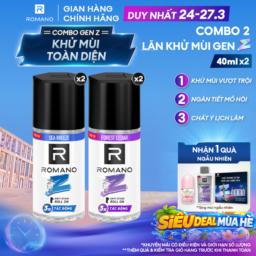Combo 2 Lăn khử mùi Romano Gen Z Khử mùi vượt trội - Ngăn vệt ố vàng ( 40ml x 2 )