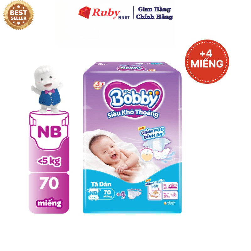 Tã dán sơ sinh Bobby NB70 mới- Lõi nén cotton-soft 3mm