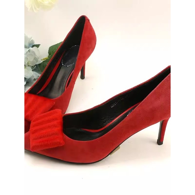 Bán 898m Đỏ Mũi Nhọn Nubuck Da Cừu Jingpi Horsehair Nông Miệng Cao Gót Giày Da Nữ Giày Cưới