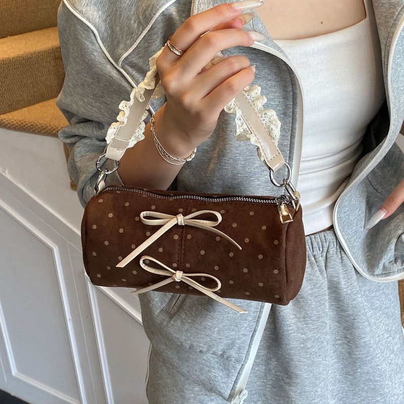 Hàn Quốc Thiết Kế Niche Chấm Bi Nơ Baguette Túi 2025 Phong Cách Mới Da Lộn Di Động Một Vai Túi Đeo Ngang / Hạt 3.23