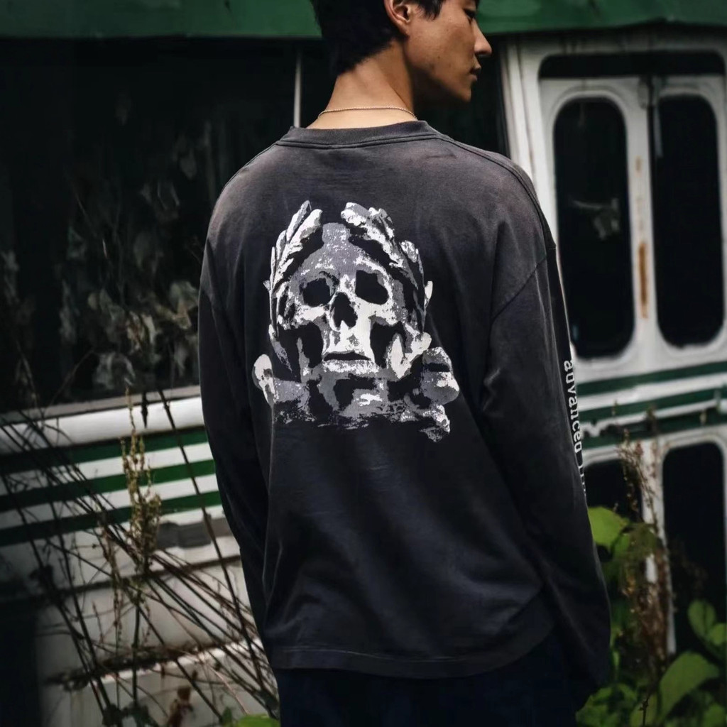 OSBO Saint OF Michael Skull print with washed-out vintage effect vintage Loose-fitting, trendy, vint