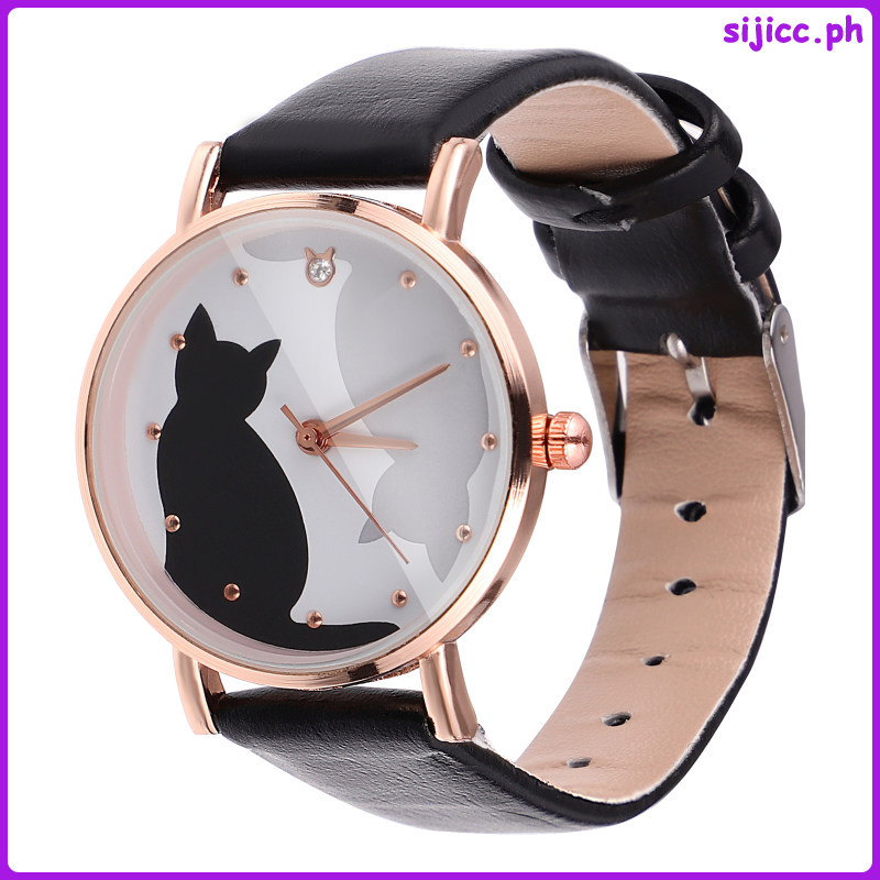 Đồng hồ trẻ em Phim hoạt hình Cat Quartz Movement Đồng hồ đeo tay màu đen Dây da giả sijicc