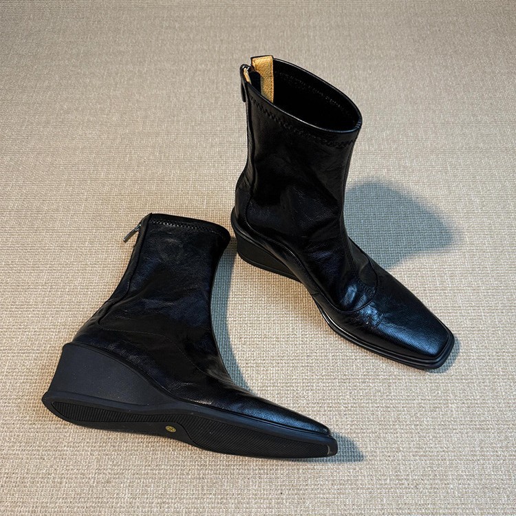Washed cowhide~Women's Wedge Heel Thick-Soled Height-Increasing Elastic Slim Boots, Square Toe Genui