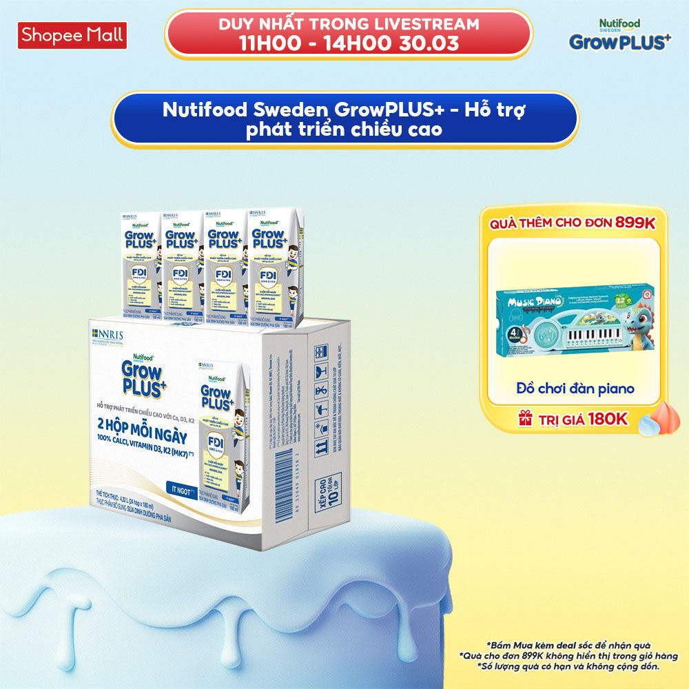 Thùng 24 hộp Sữa Bột Pha Sẵn Nutifood Sweden GrowPLUS+ Cao lớn vượt trội hộp 180 ml
