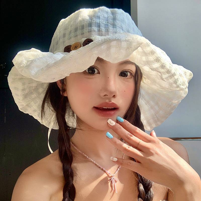 Japanese Button Plaid Bucket Hat Women's Spring and Summer Travel Big Brim Face-Looking Small Sun Pr