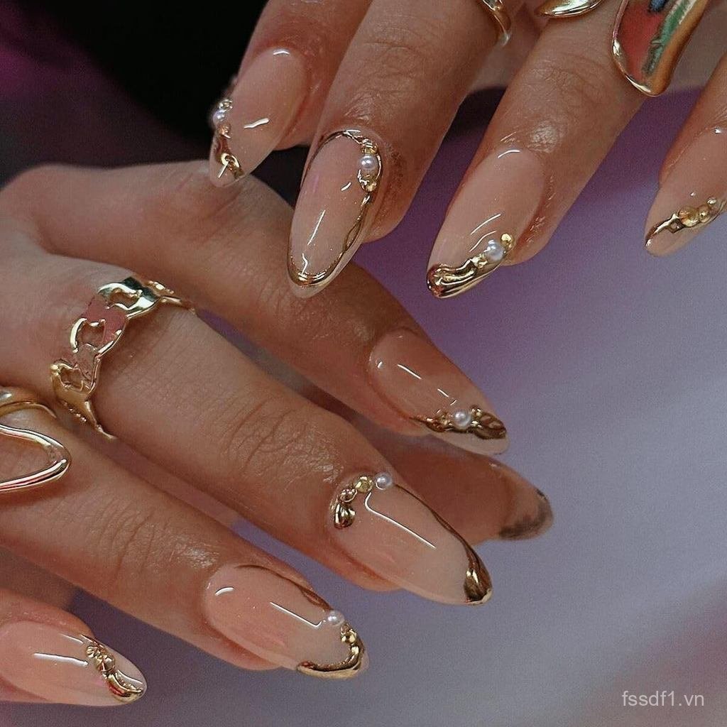 Press on Nails Almond - Móng tay giả kiểu Pháp có thiết kế đường vàng - Medium Fascile Nails Press o