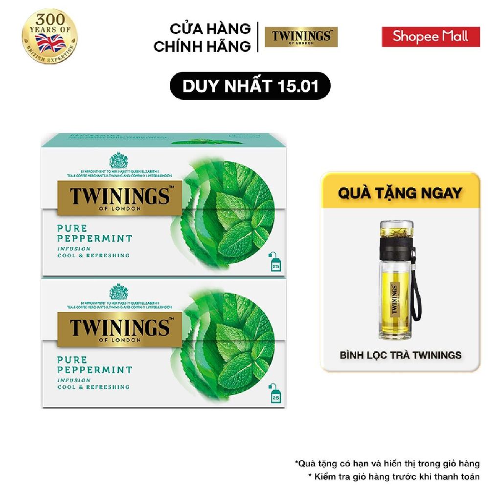 Combo 2 Trà Túi Lọc Bạc Hà Twinings Pure Peppermint - Hộp 25 Gói 2G