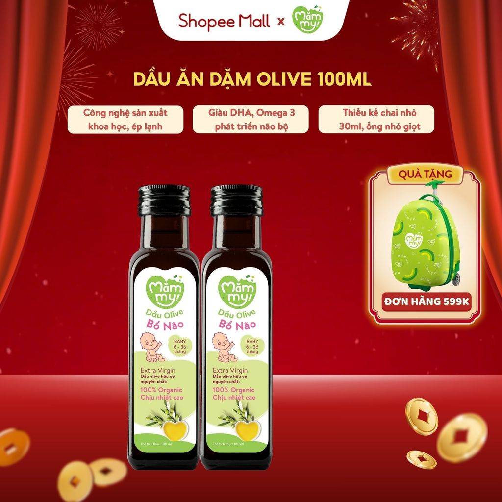Set 2 dầu Olive bổ não Mămmy cho trẻ ăn dặm, hữu cơ nguyên chất chai 100ml