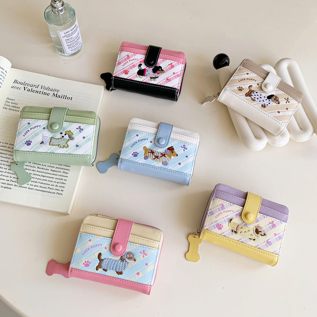 Phim hoạt hình Chú chó dễ thương Ví nữ ngọt ngào Đa chức năng Hộp đựng thẻ có thể gập lại Ví dây kéo tiền mặt