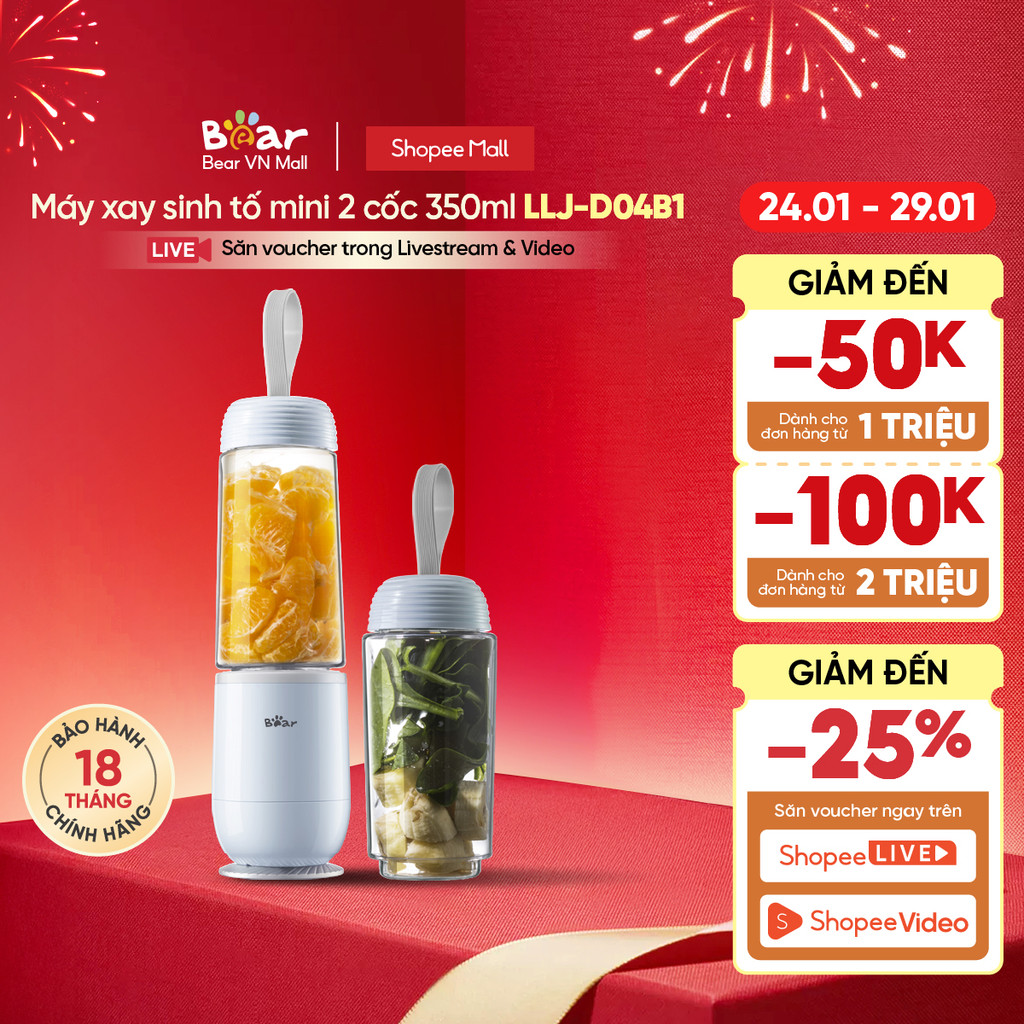 Máy Xay Sinh Tố Mini Đa Năng Bear LLJ-D04B1, 2 Bình x 350ML - Hàng Chính Hãng - Bảo Hành 18 Tháng