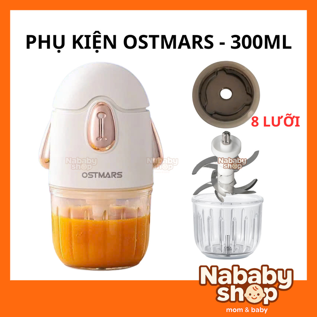 Phụ kiện máy xay ăn dặm Ostmars 300ml Cối thay Ostmars Nắp đậy cối Dây ron cao su Lưỡi dao 8 lưỡi má