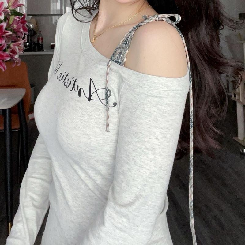 Áo Thun Dài Tay Hở Vai Dây Áo Kể Caro Cotton Co Giãn Dáng Ôm Quyến Rũ Màu Xám Tiêu B009 | BigBuy360 - bigbuy360.vn
