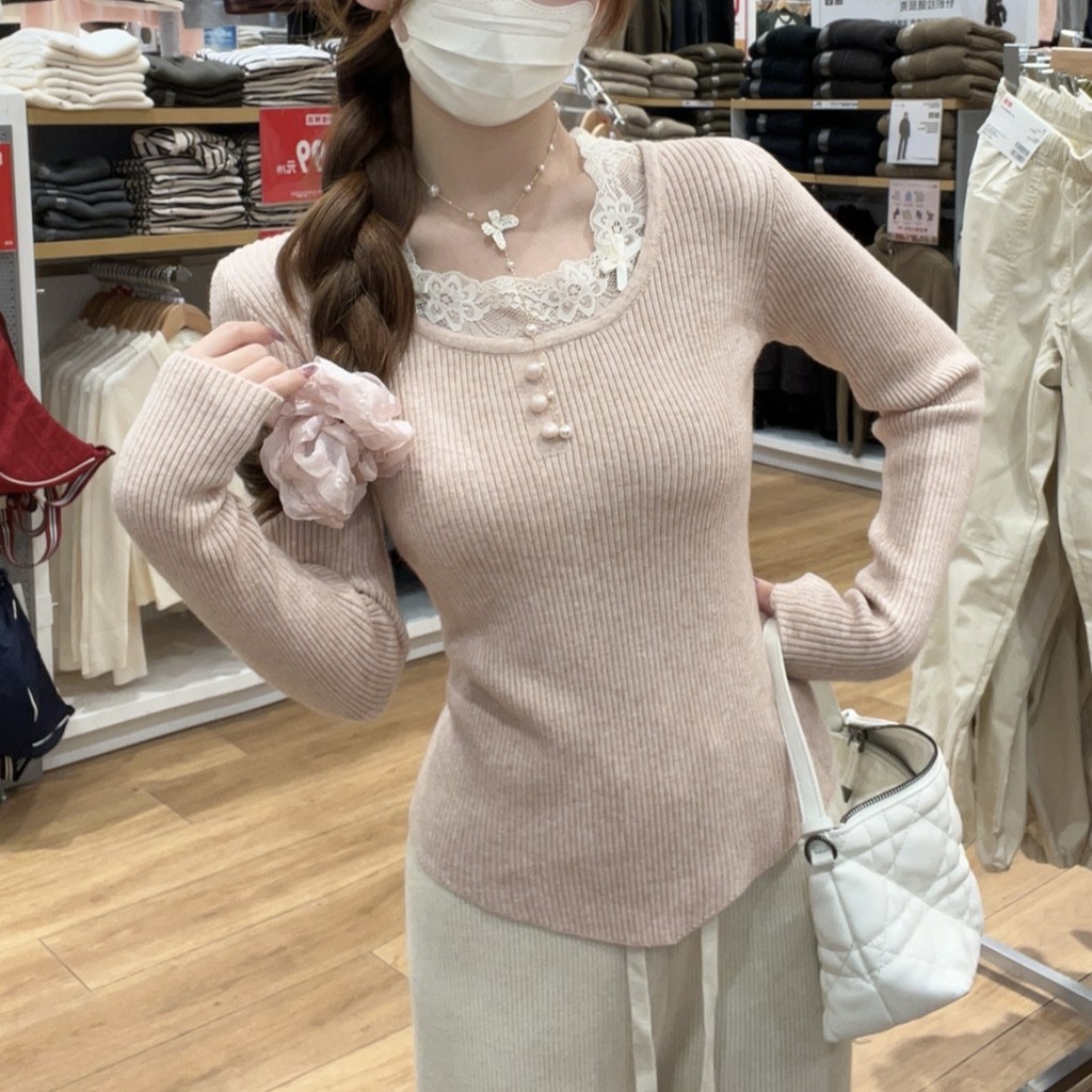 C & M Thu Đông Hàn Quốc Lacy Ruy Băng Cổ Tròn Andy Dệt Kim Áo Len Lớp Đế Chặt Cho Nữ