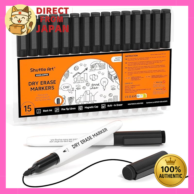 Shuttle Art Whiteboard Markers Erasable Marker Pens Black 15-Pack with Magnetic Eraser Durable for W