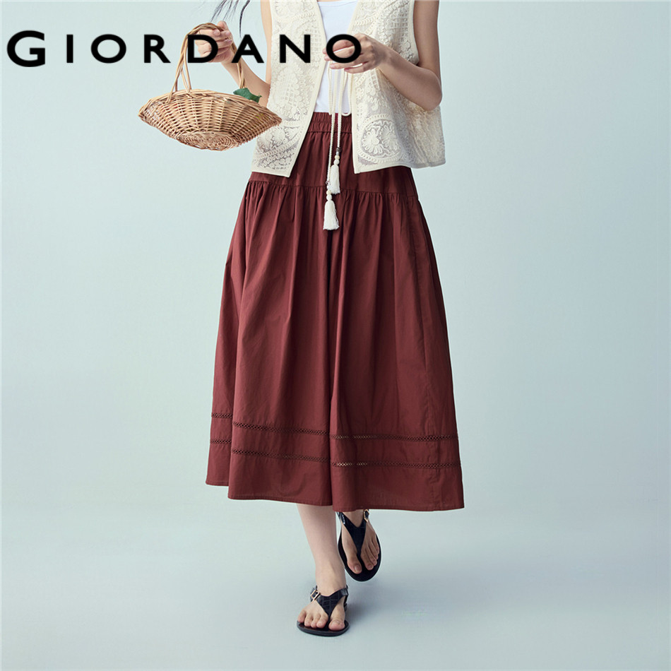GIORDANO WOMEN Cotton elastic waist hollow trims midi skirt 13466211