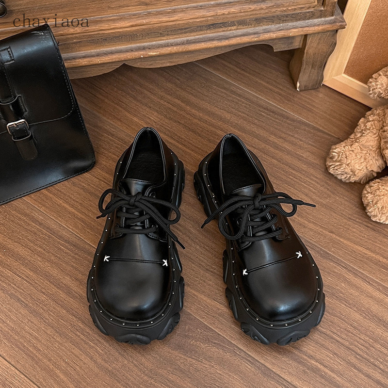 Giày Đế Dày Màu Đen Nữ Phong Cách Anh Phong Cách Mới Niche Giày Da Nhỏ Dây Buộc Tất Cả Trận Đấu Giày