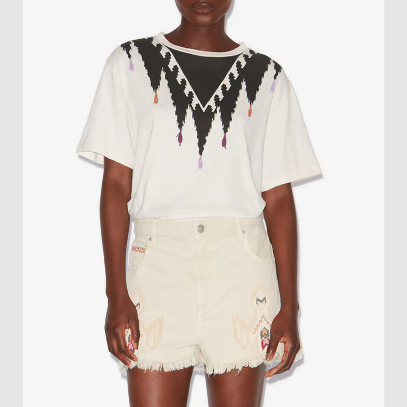 Isabel Marant 25Summer new ethnic style pattern digital print off-white women's short-sleeve shirt T