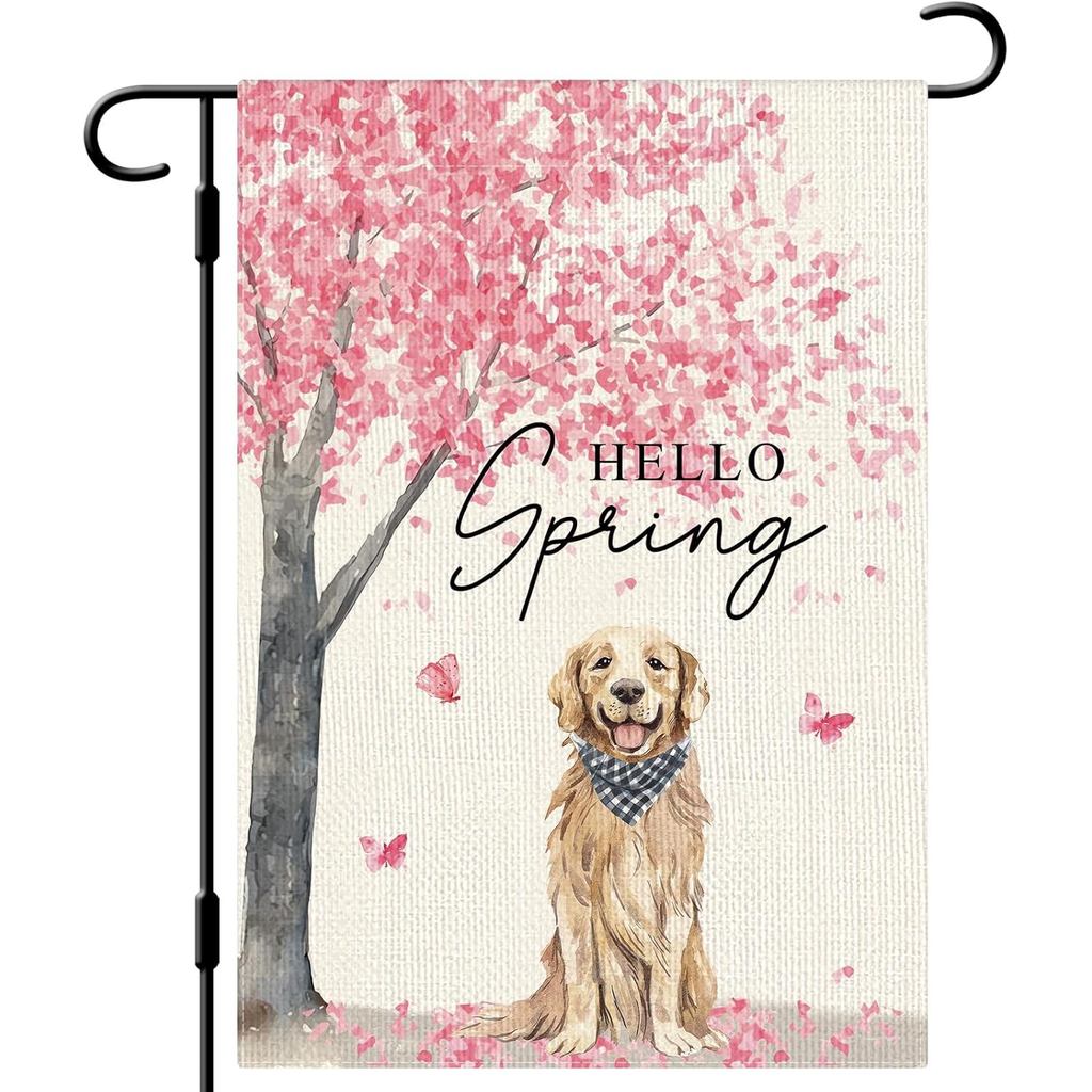 DLZDN Hello Spring Dog Garden Flag Golden Retriever Cherry Blossom Floral Garden Flag 12 × 18 Inch D