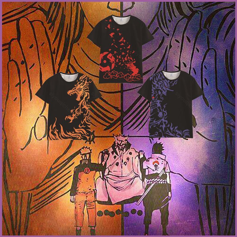 Áo Tee Tay Ngắn Cosplay Naruto với Hình Chibi Boruto, Sasuke và Itachi - Phù Hợp Cho Halloween và Gi