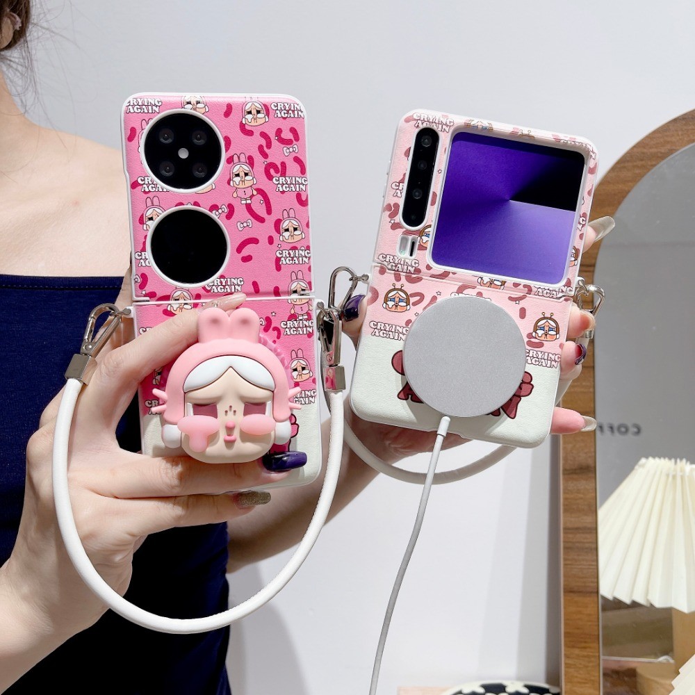 Ốp Lưng Cho Huawei Pura X Pocket 2 Ốp Lưng Da Báo Crybaby Chân Đế Thu Hút Từ Tính Dây Đeo Tay Dây PC
