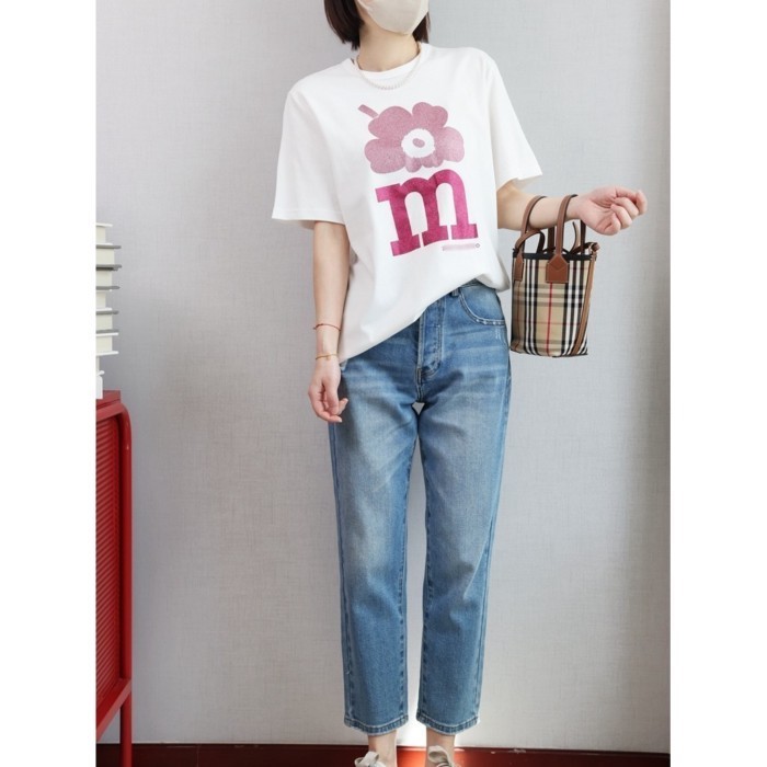 Mari * * kko cổ điển áo thun nam nữ cotton lớn M in hoa áo tay ngắn