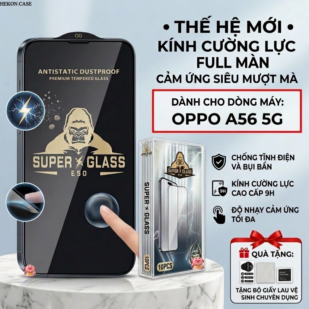 Kính cường lực cao cấp OPPO A56 5G cảm ứng mượt mà, full màn- HEKON
