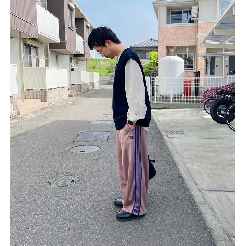 GH3T Needles track Striped light pink sports casual wide-leg long pants, fly-squirrel pants for men 