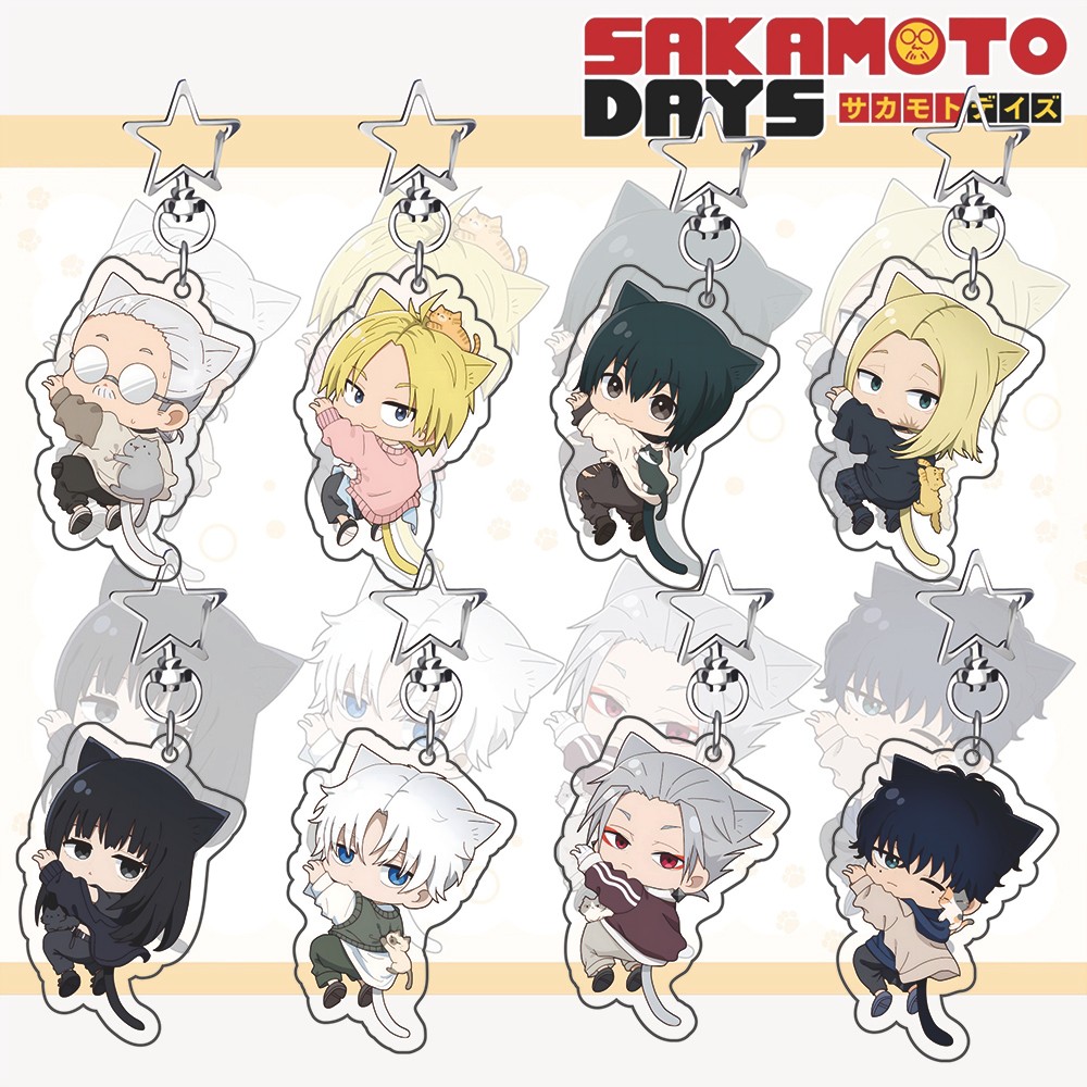 Sakamoto Days Sticky Nyan Ver. Acrylic Keychain – Shin, Lu; Cute Cat-Themed Anime Bag Charm,