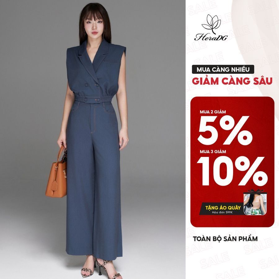 Bộ đồ nữ set áo quần HeraDG áo gile cổ vest độn vai,chun gấu, quần dài suông, chất Tuytsi giả bò cao