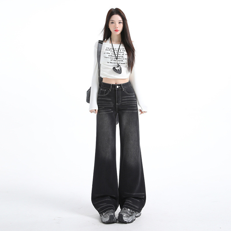 Quần Jean Femboy Retro Mèo Đánh Bóng, Mid Waist Loose Flare, Phù Hợp Mùa Xuân