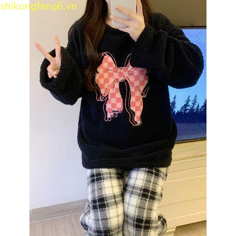 Đồ ngủ nhung nửa mặt FDS Bộ đồ mặc nhà hai chiếc cho người đẹp ngọt ngào thường ngày rộng rãi mẫu mớ