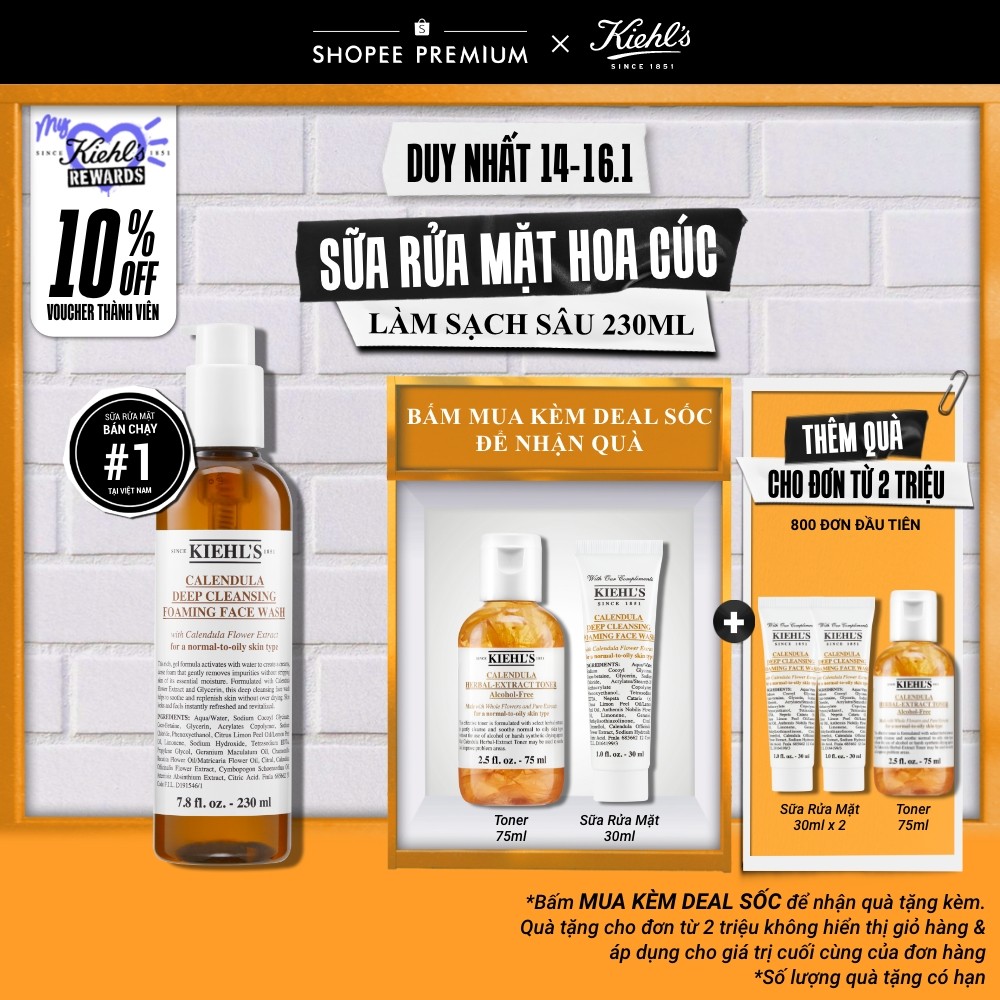 Sữa rửa mặt hoa cúc Kiehl's Calendula Deep Cleansing Foaming Face Wash 230ml